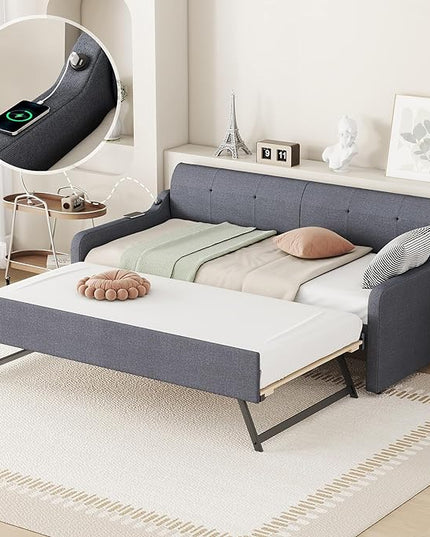 Twin Size Daybed Frame with Pop-up Trundle,Upholstered Day Bed Twin with Charging Station,Wood Sofa Bed Frame with USB for Bedroom,Living Room,Guest(Twin,Gray) - LeafyLoom