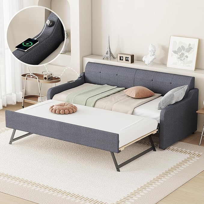 Twin Size Daybed Frame with Pop-up Trundle,Upholstered Day Bed Twin with Charging Station,Wood Sofa Bed Frame with USB for Bedroom,Living Room,Guest(Twin,Gray) - LeafyLoom