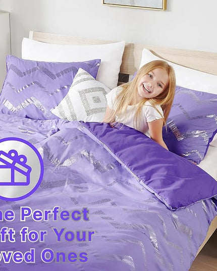 Codi Purple Comforter Set Full - Metallic Silver and Lavender Bedding Sets Queen Size - 4 Piece Set for Girls, includes 1 Comforter, 1 Decorative Pillow, 2 Pillow Cases - All Season Warm - LeafyLoom