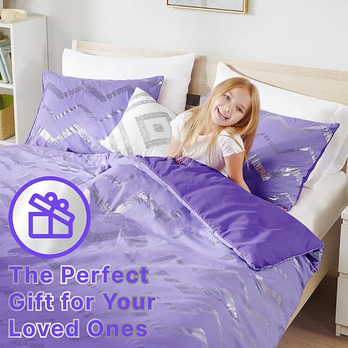 Codi Twin XL Bedding Set - Cute Purple Bed Set, Metallc Print Comforter - 3 Piece Sets for Girls, includes 1 Comforter, 1 Decorative Pillow, and 1 Pillow Case - All Season, Lightweight and Warm - LeafyLoom