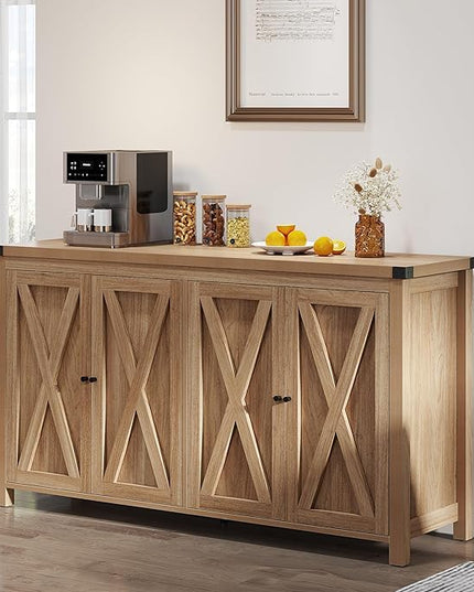 YITAHOME Farmhouse Sideboard Buffet Cabinet with Storage with 4 Doors, 55'' Large Kitchen Storage Cabinet, Wood Coffee Bar Cabinet with Adjustable Shelf for Kitchen, Living Room, Oak - LeafyLoom