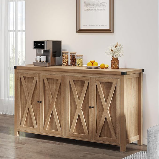 YITAHOME Farmhouse Sideboard Buffet Cabinet with Storage with 4 Doors, 55'' Large Kitchen Storage Cabinet, Wood Coffee Bar Cabinet with Adjustable Shelf for Kitchen, Living Room, Oak - LeafyLoom