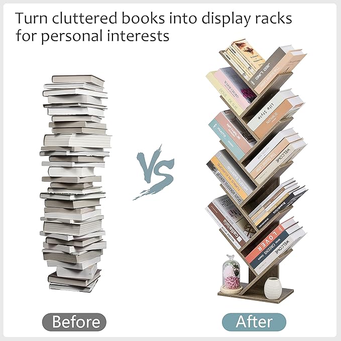 Hoctieon 10 Tier Tree Bookshelf, 10 Shelf Bookcase, Free Standing Tree Bookcase, Display Floor Standing Shelf for Books, Book Organizer Shelves for Home Office, Living Room, Bedroom, Greige - LeafyLoom