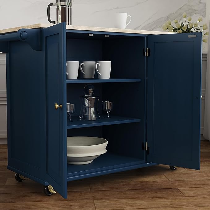 Homestyles Mobile Kitchen Island Cart with Wood Drop Leaf Breakfast Bar, Blue - LeafyLoom
