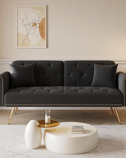 Button Tufted Upholstered Convertible Folding Sleeper Sofa Bed Futon Loveseat Couch Recliner Daybed with Adjustable and Nailhead Trim for Living Room, Bedroom, Black 69.7" - LeafyLoom
