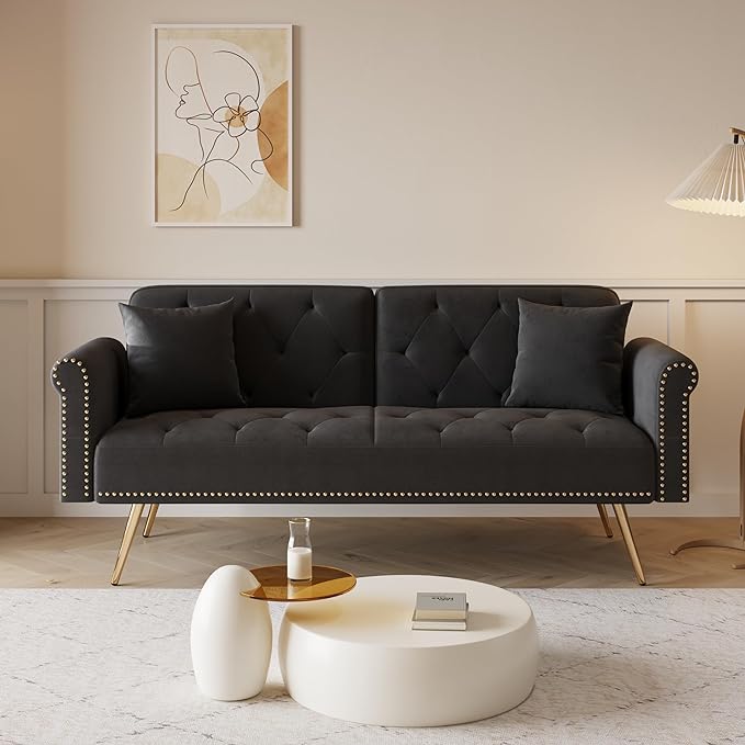 Button Tufted Upholstered Convertible Folding Sleeper Sofa Bed Futon Loveseat Couch Recliner Daybed with Adjustable and Nailhead Trim for Living Room, Bedroom, Black 69.7" - LeafyLoom