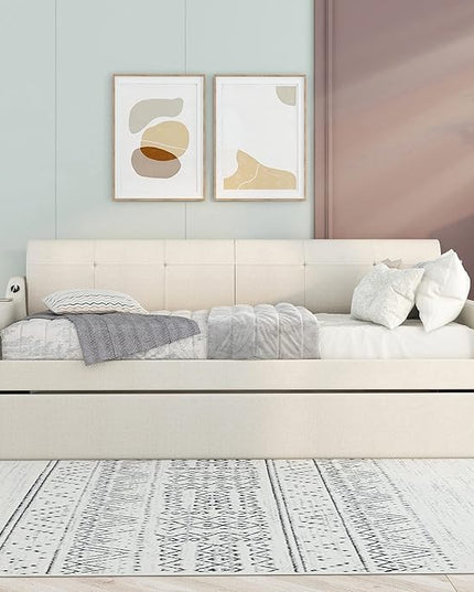 Upholstered Daybed with Pop Up Trundle, Twin Size Daybed with Trundle and USB Charging Ports, for Living Room Bedroom Guest Room, Beige - LeafyLoom