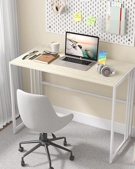 Folding Desk 40'' Computer Desk for Home Office, No Assembly Office Desk Foldable Simple Study Writing Desk Table for Small Spaces(Beige, White) - LeafyLoom
