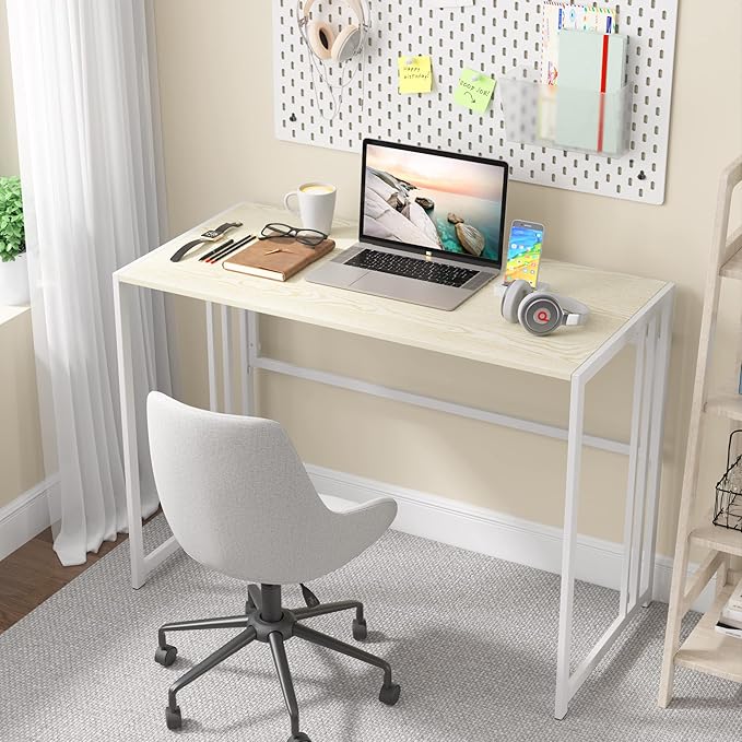 Folding Desk 40'' Computer Desk for Home Office, No Assembly Office Desk Foldable Simple Study Writing Desk Table for Small Spaces(Beige, White) - LeafyLoom