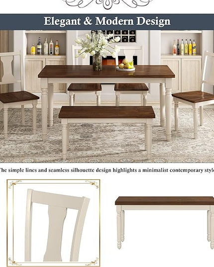 6-Piece Classic Rectangle Wooden Dining Table Set with 4 Chairs and Bench for Kitchen, Brown + Cottage White, 60" L x 35.8" W x 30" H - LeafyLoom