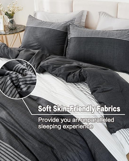 Litanika California King Comforter Set Black White Grey - 3 Pieces Cal King Oversized Lightweight Colorblock Stripe Bedding Set (104x96In, 2 Pillowcases) - LeafyLoom