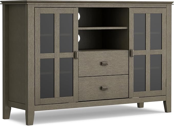 SIMPLIHOME Artisan SOLID WOOD Universal TV Media Stand, 53 inch Wide, Transitional, Living Room Entertainment Center with Storage, for Flat Screen TVs up to 60 inches in Farmhouse Grey - LeafyLoom