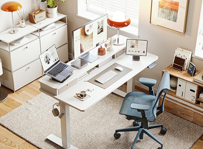 BANTI 40x24 Inch Electric Standing Desk with Double Drawers, Adjustable Height Stand Up Desk, Sit Stand Home Office Desk with Storage Shelf, White Top - LeafyLoom