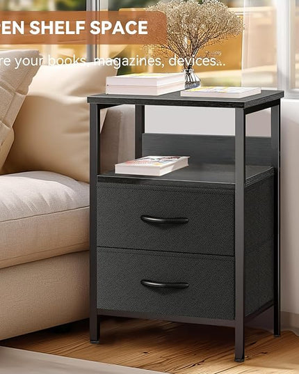 Night Stand Set of 2, Bedside Tables with Fabric Drawers, Side Table with Charging Station, LED Nightstand with USB Ports and Outlets, Small End Table for Bedroom, Black - LeafyLoom