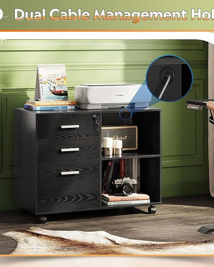 DEVAISE 3-Drawer Wood File Cabinet with Lock, Mobile Lateral Filing Cabinet, Black - LeafyLoom