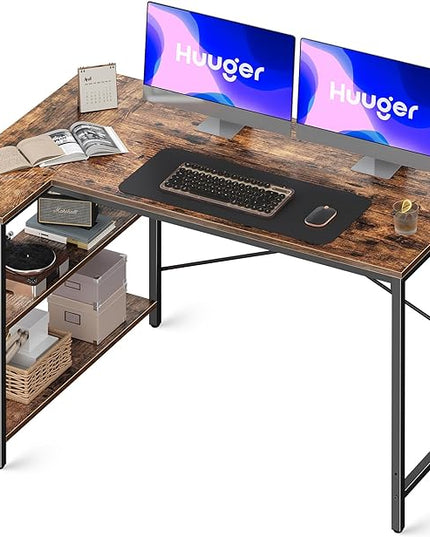 L Shaped Computer Desk with Reversible Storage Shelves, Gaming Corner Desk for Home Office, Writing Study Desk with Metal Frame, Rustic Brown - LeafyLoom