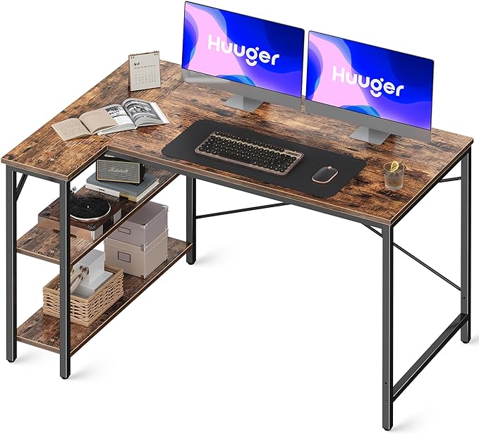 L Shaped Computer Desk with Reversible Storage Shelves, Gaming Corner Desk for Home Office, Writing Study Desk with Metal Frame, Rustic Brown - LeafyLoom