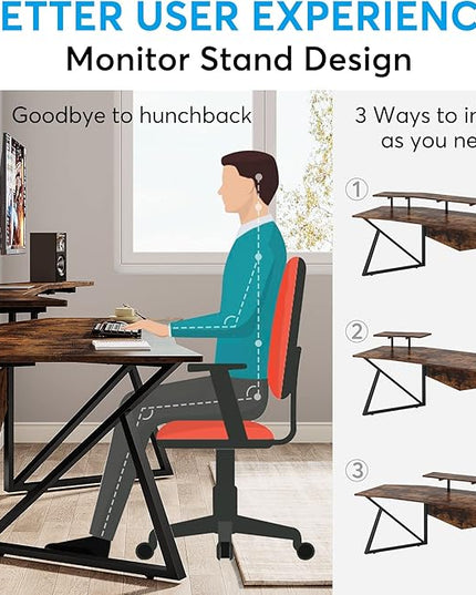 70.9" Large Computer Desk Home Office Desk Wing-Shaped Gaming Studio Desk, Rustic Brown - LeafyLoom