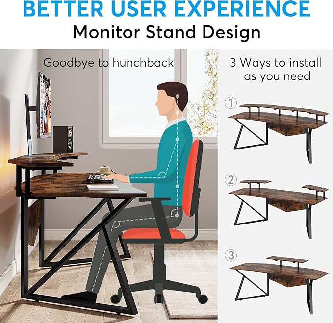 70.9" Large Computer Desk Home Office Desk Wing-Shaped Gaming Studio Desk, Rustic Brown - LeafyLoom