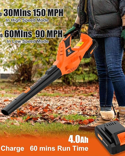Leaf Blower Cordless,21V Handheld Electric Leaf Blower with 4.0Ah Battery and Charger, 2 Speed Mode, Lightweight Battery Powered Leaf Blower for Lawn Care, Patio, Yard, Sidewalk (Orange) - LeafyLoom
