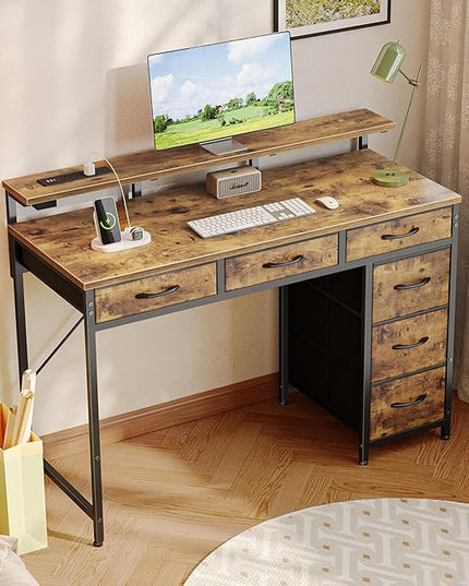 Gaming Desk with 6 Drawers, Computer Desk with LED Lights Power Outlets and Type-C, 39 Inch Office Desk with Storage, Monitor Stand, Writing Desk Work Desk Home Office, Study, Rustic Brown - LeafyLoom
