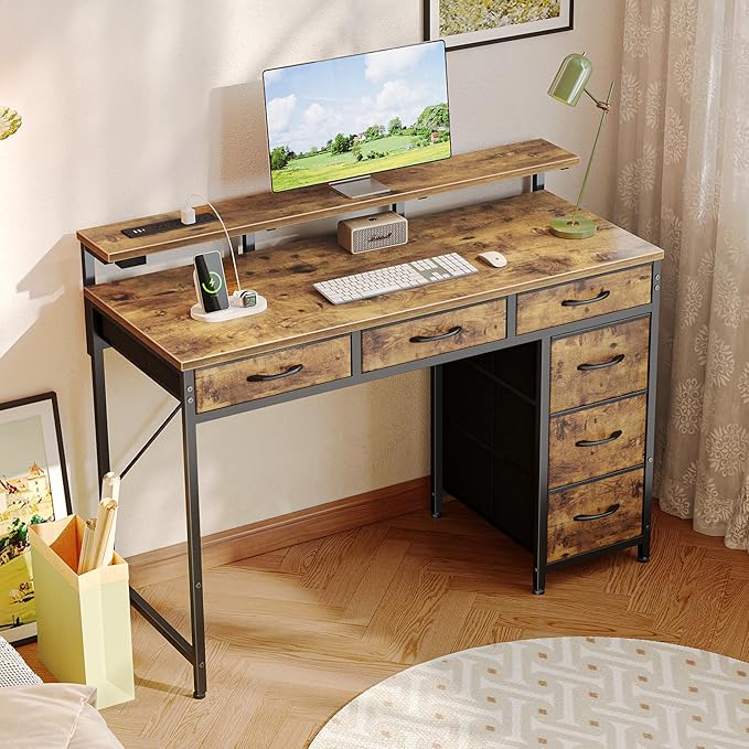Gaming Desk with 6 Drawers, Computer Desk with LED Lights Power Outlets and Type-C, 39 Inch Office Desk with Storage, Monitor Stand, Writing Desk Work Desk Home Office, Study, Rustic Brown - LeafyLoom