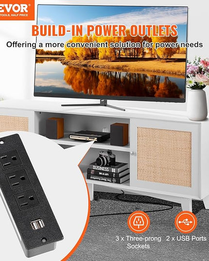VEVOR Rattan TV Stand for 75in TV, Boho TV Stand with Rattan Door, Entertainment Center with Build-in Socket, Storage Cabinet with 2 Shelves, Modern TV Console for Living Room, Media Room, White - LeafyLoom