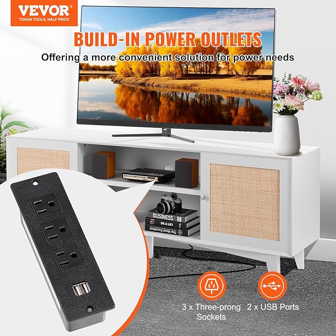 VEVOR Rattan TV Stand for 75in TV, Boho TV Stand with Rattan Door, Entertainment Center with Build-in Socket, Storage Cabinet with 2 Shelves, Modern TV Console for Living Room, Media Room, White - LeafyLoom