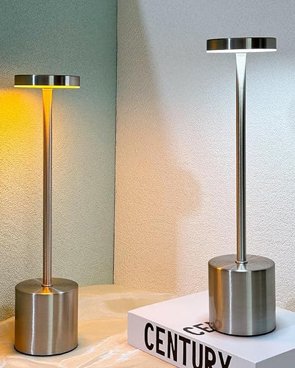 2 Pack Cordless Table Lamp Rechargeable 5000mAh Battery Operated Portable LED Desk Lamp 3 Color Temperature Stepless Dimming for Bedroom Restaurant Coffee Shop Party (Silver) - LeafyLoom
