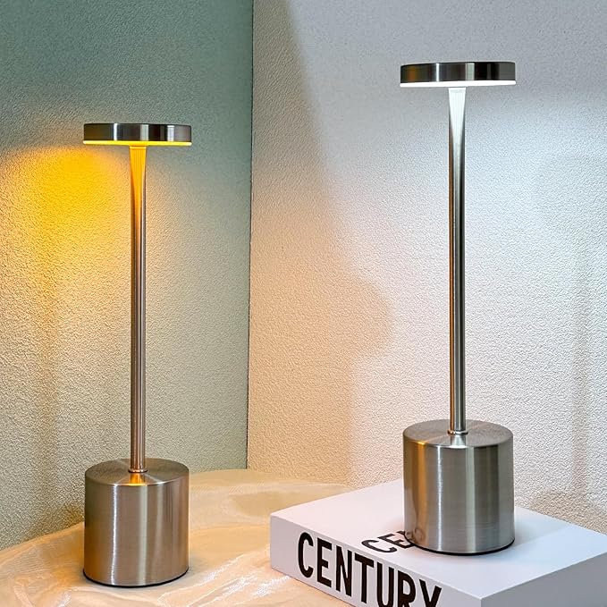 2 Pack Cordless Table Lamp Rechargeable 5000mAh Battery Operated Portable LED Desk Lamp 3 Color Temperature Stepless Dimming for Bedroom Restaurant Coffee Shop Party (Silver) - LeafyLoom
