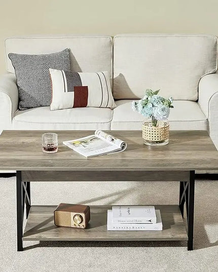 GreenForest Coffee Table with Storage, 39inch Modern Coffee Tables for Living Room, X-Frame Design Farmhouse Coffee Table Space Saving Living Room Tables, Easy Assembly, Grey Wash - LeafyLoom