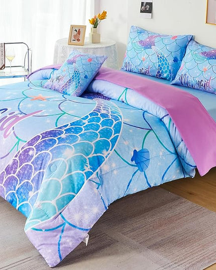 URBONUR 6 Piece Mermaid Tail Comforter Set Full Size, Mermaid Fish Scale Bedding Set for Girls Ombre Purple Blue Sparkle Comforter with Sheets Set Soft All Season Room Decor Bed Set - LeafyLoom
