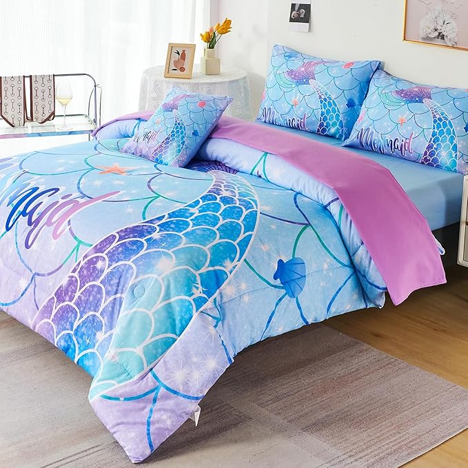 URBONUR 6 Piece Mermaid Tail Comforter Set Full Size, Mermaid Fish Scale Bedding Set for Girls Ombre Purple Blue Sparkle Comforter with Sheets Set Soft All Season Room Decor Bed Set - LeafyLoom