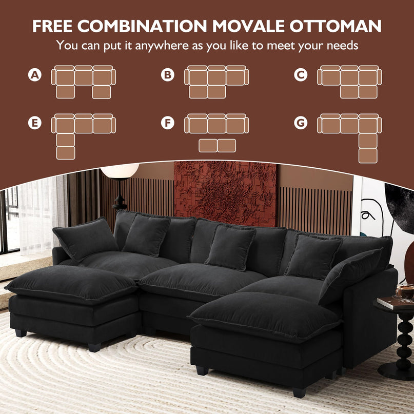 Ihanherry 111.4" L Shaped Modern Sofa Modular Sectional Cloud Couch with Ottoman, 4-Seat Chenille Deep Seat Sofa with Pillow for Living Room, Bedroom and Apartment, Beige LeafyLoom