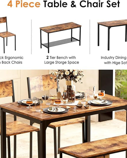 sogesfurniture Modern 4-Piece Kitchen Dining Table Set with 1 Bench and 2 Chairs, Kitchen Bench Table Set for 4, Wooden Kitchen Table and Chairs for Limited Space,Rustic Brown - LeafyLoom