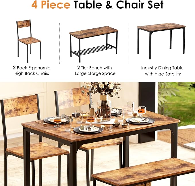sogesfurniture Modern 4-Piece Kitchen Dining Table Set with 1 Bench and 2 Chairs, Kitchen Bench Table Set for 4, Wooden Kitchen Table and Chairs for Limited Space,Rustic Brown - LeafyLoom