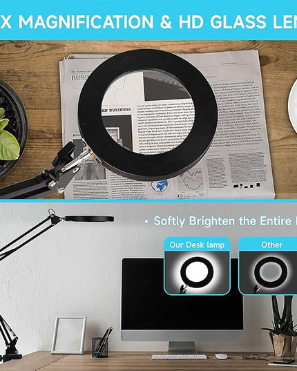 LED Magnifier Desk Lamp with Stand, 3 Color Modes & Stepless Dimming 5-Diopter Glass Lens, Adjustable Swivel Arm - Magnifying lamp for Close Work, Repair, Crafts, Reading - Long - LeafyLoom