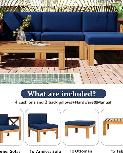5-Piece Outdoor Patio Furniture Sectional Sets, Wooden L-shaped Corner Sofa Seating with Tea Table and Removable, Backyard Gardern Deck, Natural Finish+ Blue Cushions - LeafyLoom