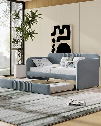 Upholstered Twin Size Daybed with Trundle, Backrest and Armrests, Modern Velvet Day Bed Frame for Bedroom Guestroom Living Room, Wood Slats Support, Gray - LeafyLoom