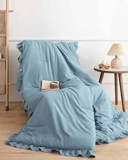JANZAA Comforter Set Full Size Mineral Blue Ruffle Comforter 3PCS Soft Fluffy Comforter Vintage Farmhouse Bed Comforter Set Shabby Chic Bedding with 2 Pillowcases - LeafyLoom
