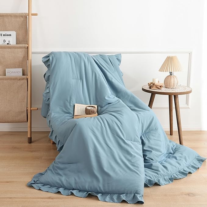 JANZAA Comforter Set Full Size Mineral Blue Ruffle Comforter 3PCS Soft Fluffy Comforter Vintage Farmhouse Bed Comforter Set Shabby Chic Bedding with 2 Pillowcases - LeafyLoom
