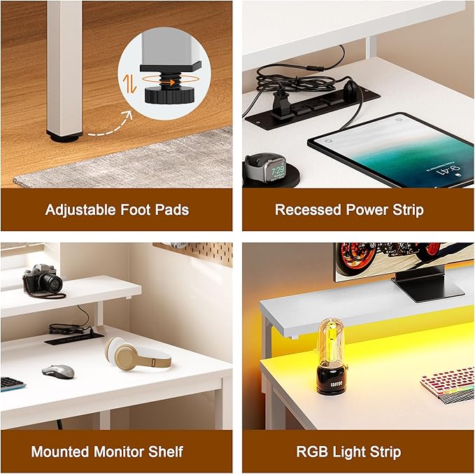 Need 60 inch Computer Desk with LED Lights & Power Outlets, Large Home Desk with Monitor Shelf, Writing Table Gaming Desk Home Office Desk, White - LeafyLoom