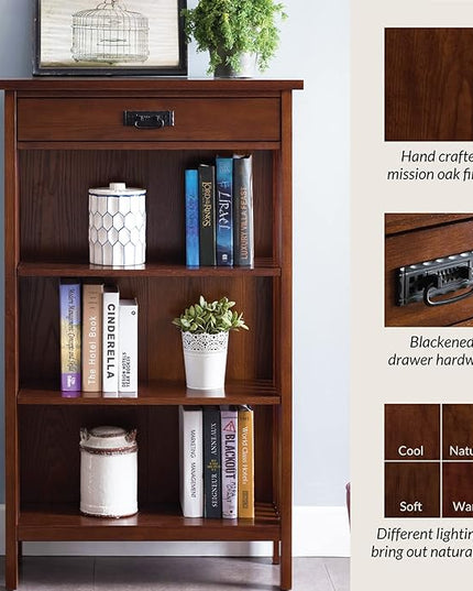 Leick Home 82262 Mission Mantel Height Bookcase with Slatted Sides and Top Drawer, Made with Solid Wood, for Living Rooms, Mission Oak Finish, Brownbronze - LeafyLoom