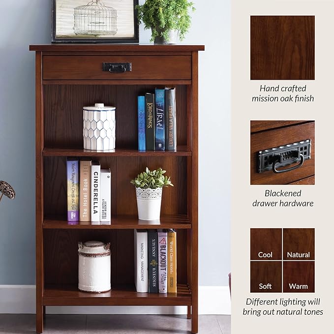Leick Home 82262 Mission Mantel Height Bookcase with Slatted Sides and Top Drawer, Made with Solid Wood, for Living Rooms, Mission Oak Finish, Brownbronze - LeafyLoom