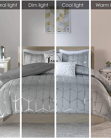 Intelligent Design Raina King / Cal King Comforter Set, Soft Microfiber Comforter Set King, Modern Geometric Metallic Bed Set, 5 Pieces College Bedding Comforter Set with 2 Shams, 2 Toss Pillows Grey - LeafyLoom