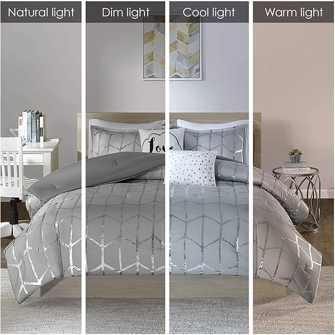 Intelligent Design Raina King / Cal King Comforter Set, Soft Microfiber Comforter Set King, Modern Geometric Metallic Bed Set, 5 Pieces College Bedding Comforter Set with 2 Shams, 2 Toss Pillows Grey - LeafyLoom