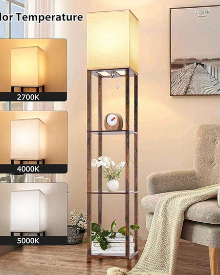 Floor Lamp with Shelves, Modern Standing Shelf Lamp with 3 CCT LED Bulb and White Shade for Living Room Bedroom and Office Deco-Brown - LeafyLoom