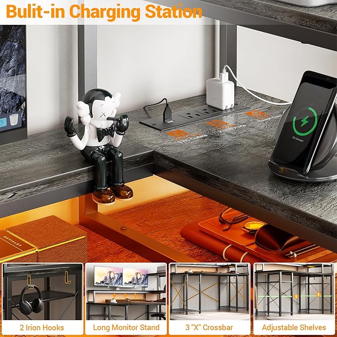 Cyclysio Gaming Desk with LED Light, 47 inch Computer Desk with Storage Shelves, Adjustable Home Office Desk with Power Outlets, Computer Gaming Desk with Long Monitor Stand for Small Space, Grey - LeafyLoom
