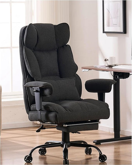 Fabric Office Chair, Big and Tall Office Chair 400 lb Weight Capacity, High Back Executive Office Chair with Foot Rest, Ergonomic Office Chair for Back Pain Relief, Dark Grey - LeafyLoom