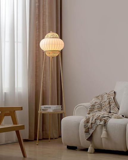 Hikari - Japanese Boho-Chic - Floor Lamp with Shelf Adjustable Height, Silk, Bamboo Woven Shade, for Living Room, Bedroom, Study - UL Listed - LeafyLoom